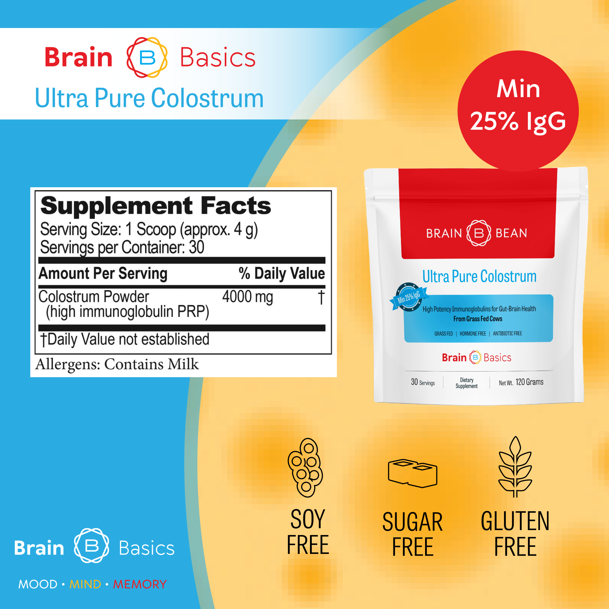 Brain Basics - Ultra Pure Colostrum - Grass-Fed, High-Potency 25% IgG Pure Colostrum