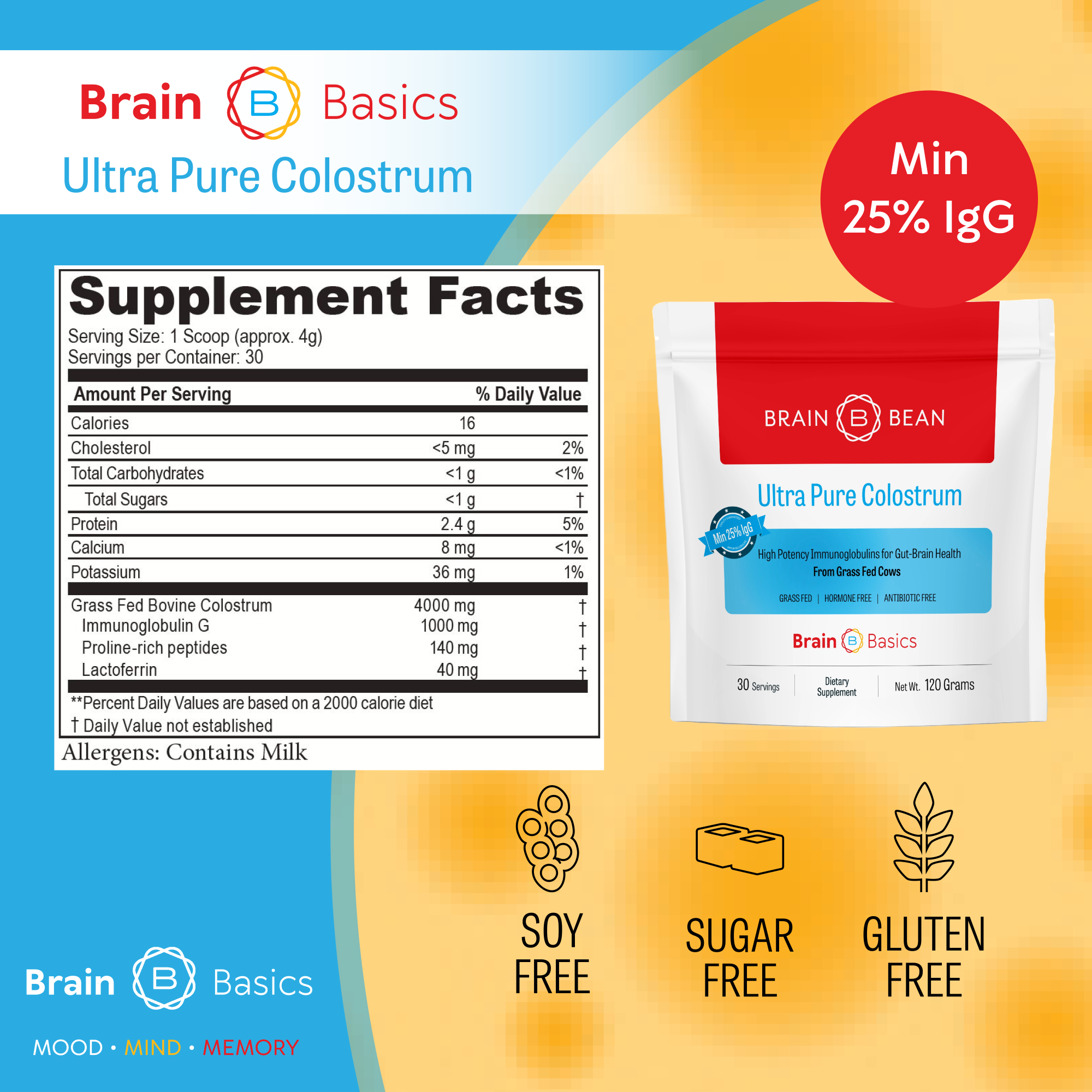 Brain Basics - Ultra Pure Colostrum - Grass-Fed, High-Potency 25% IgG Pure Colostrum