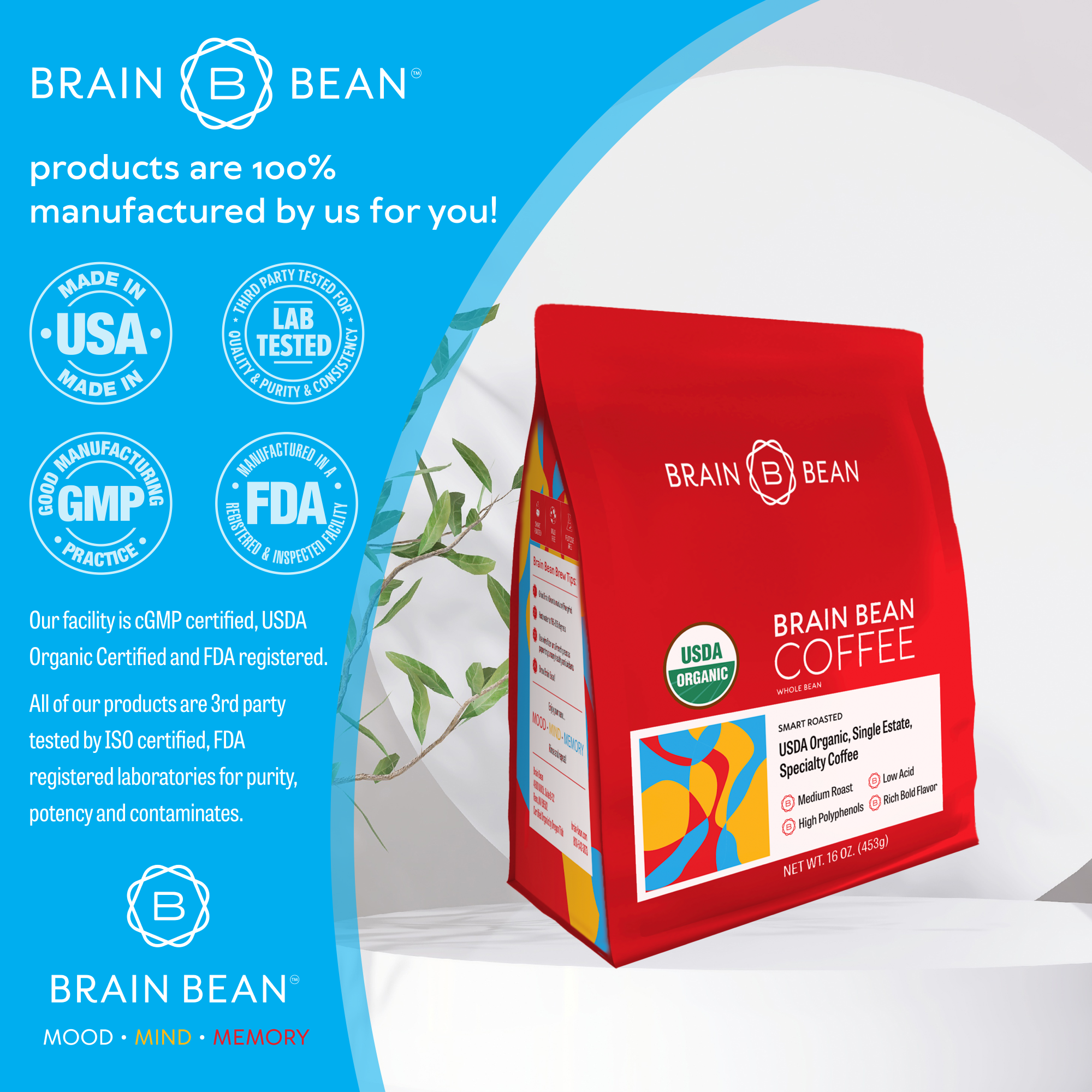 Brain Bean™ Coffee 16 oz - USDA Organic, Fair Trade, Premium Grade