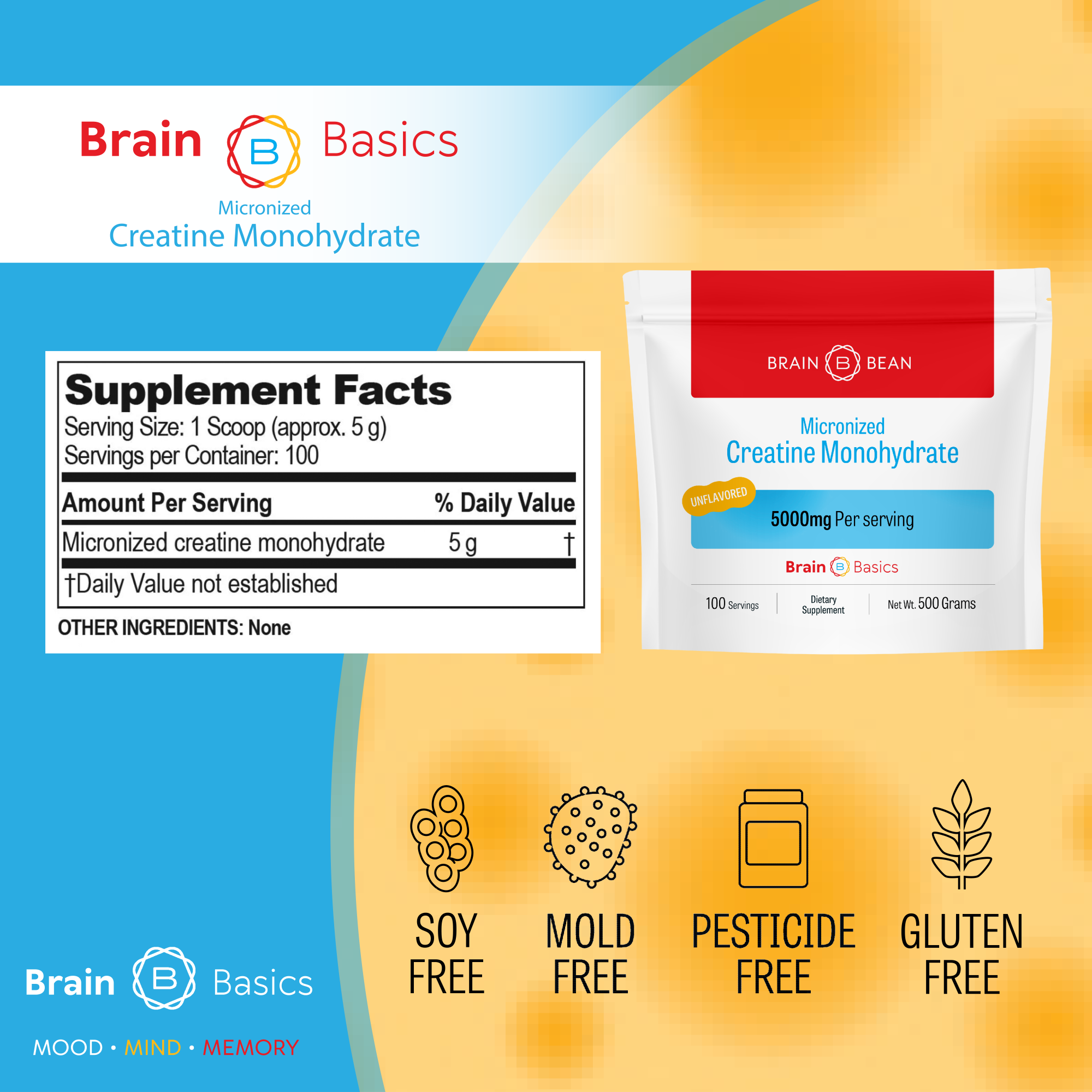 Brain Basics - Micronized Creatine Monohydrate - Highly Absorbable for Safe and Effective Results